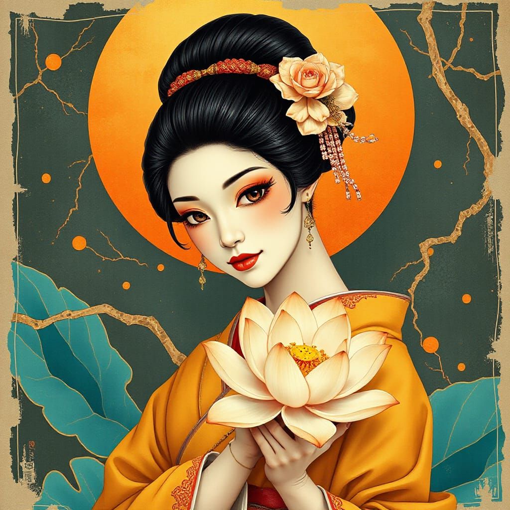 Geisha with Lotus Blossom in Detailed Cyan Hues
