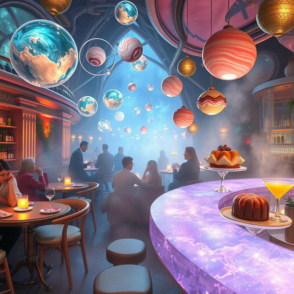 Otherworldly Cafe-Bar Dreamscape with Hovering Snacks
