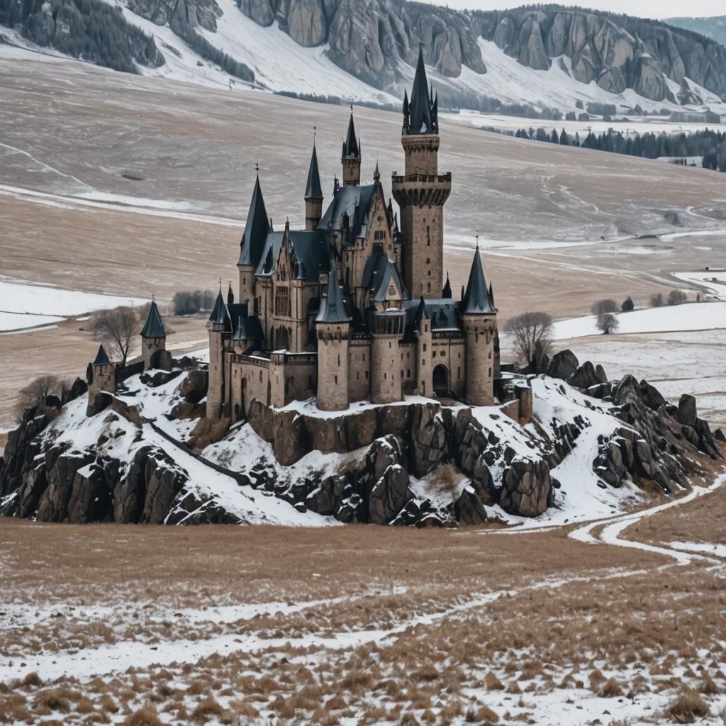 Gothic Castle Amidst Barren Winter Landscape