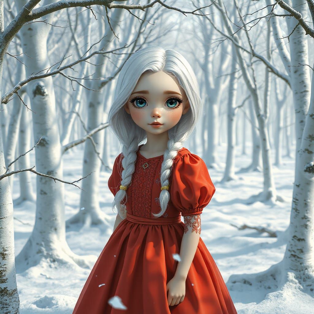 Girl in Scarlet Dress in Snow-White Forest