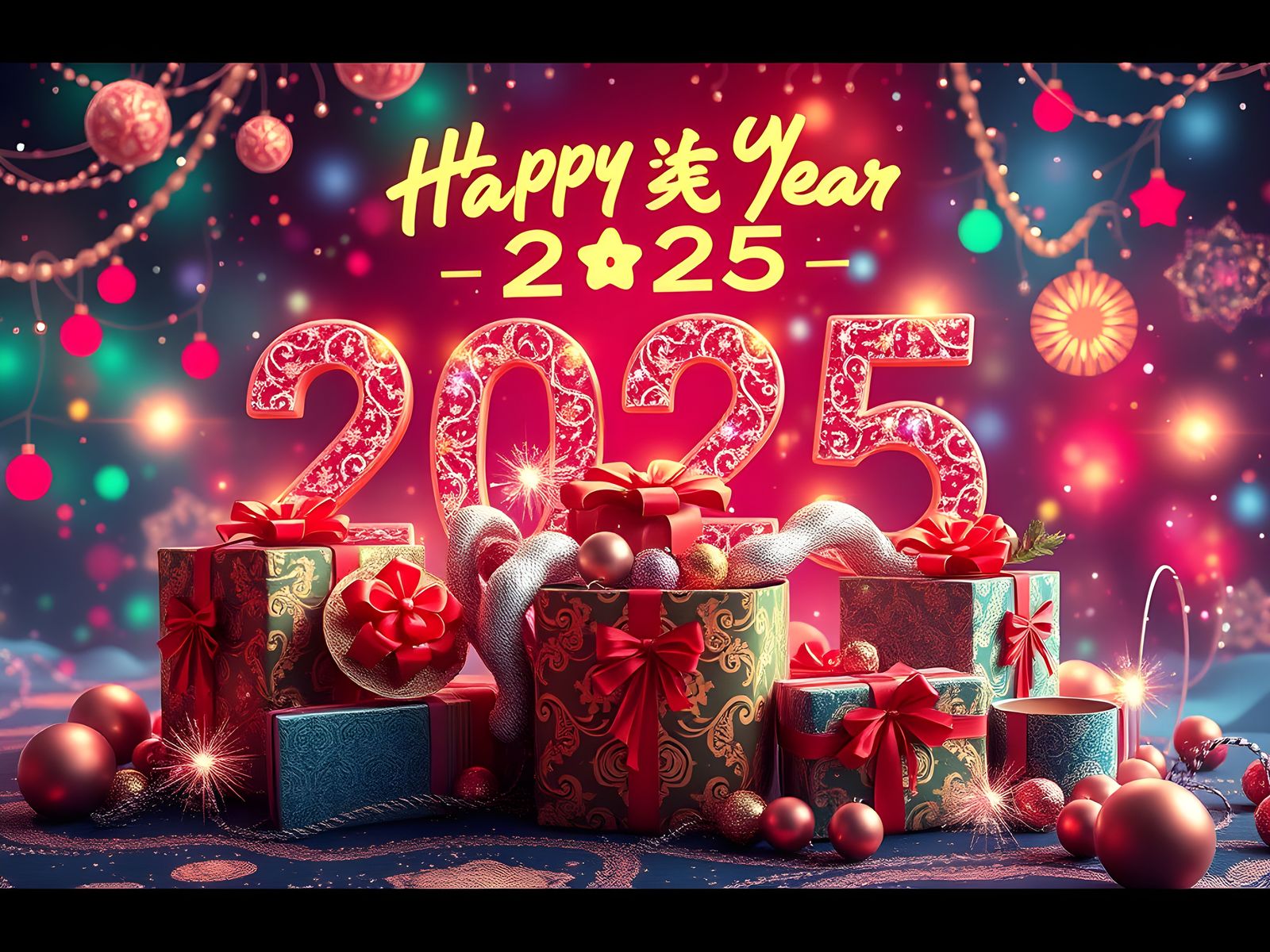 Happy New Year 2025: Hyperrealistic Gift Box Art