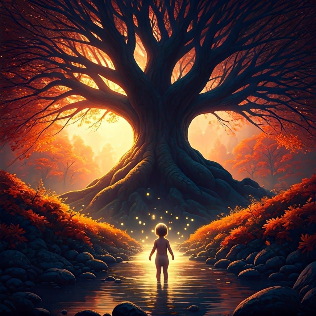 Tranquil Sunset Forest with Autumnal Tree