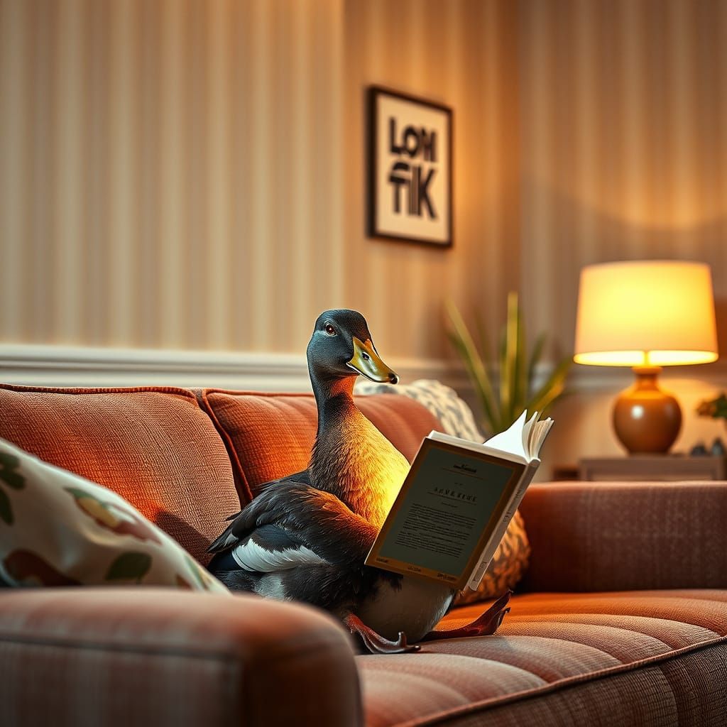 Duck Reads Book in Retro-Futurist Interior