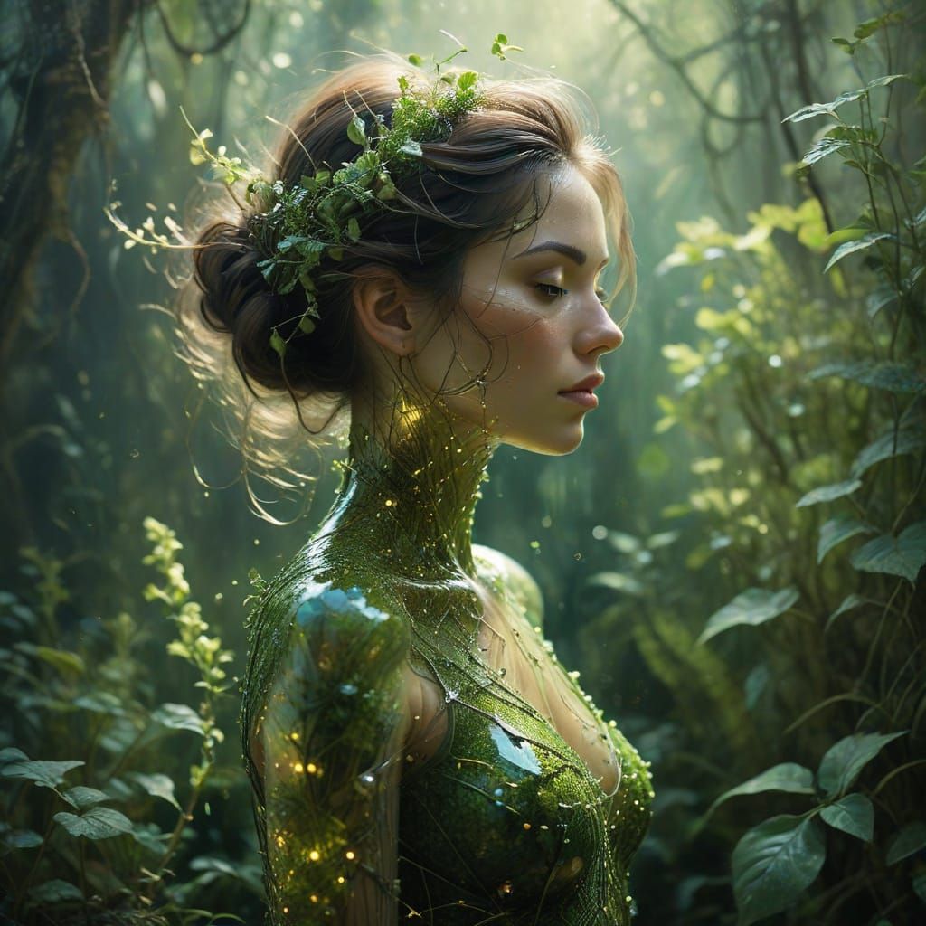 Ethereal Glass Siren in Lush Nature
