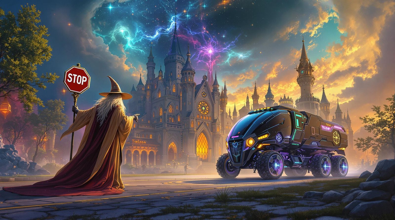 Majestic Gandalf Confronts Cybertruck in Whimsical Fantasy S...