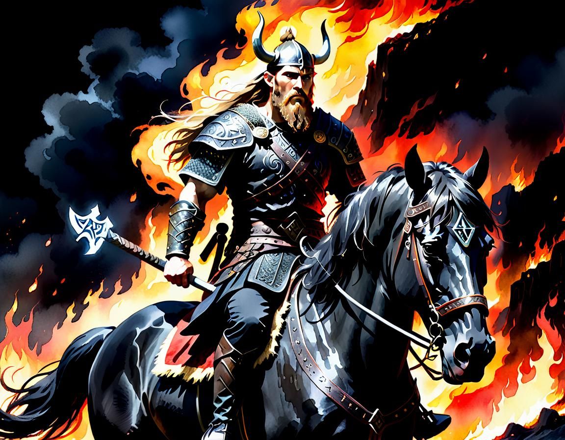 Viking Warrior on Horse in Watercolour Style