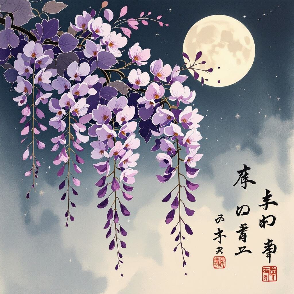 Wisteria Flowers in Moonlight, Ukiyo-e Style
