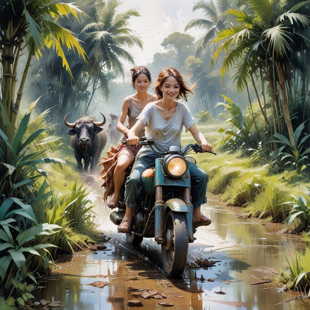 Bamboo Train Races Through Rice Paddies: Watercolor Art