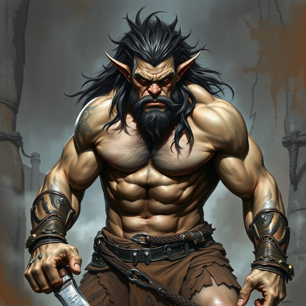 Gray Orc Barbarian with Elven Features, Realistic Style