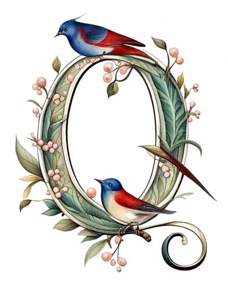 Medieval Initial Letter O with Birds and Flowers