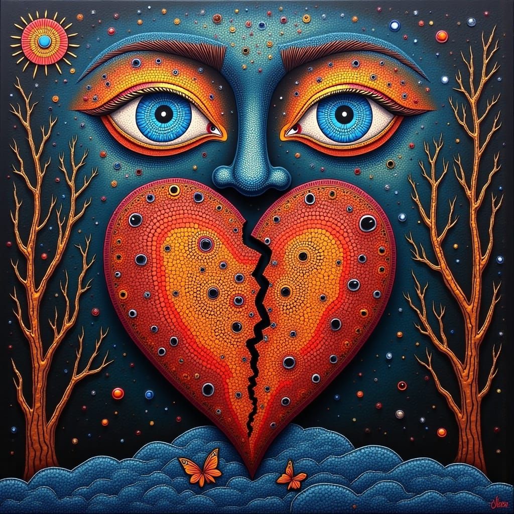 Broken Heart with Blue Eyes in Surreal Folk-Art