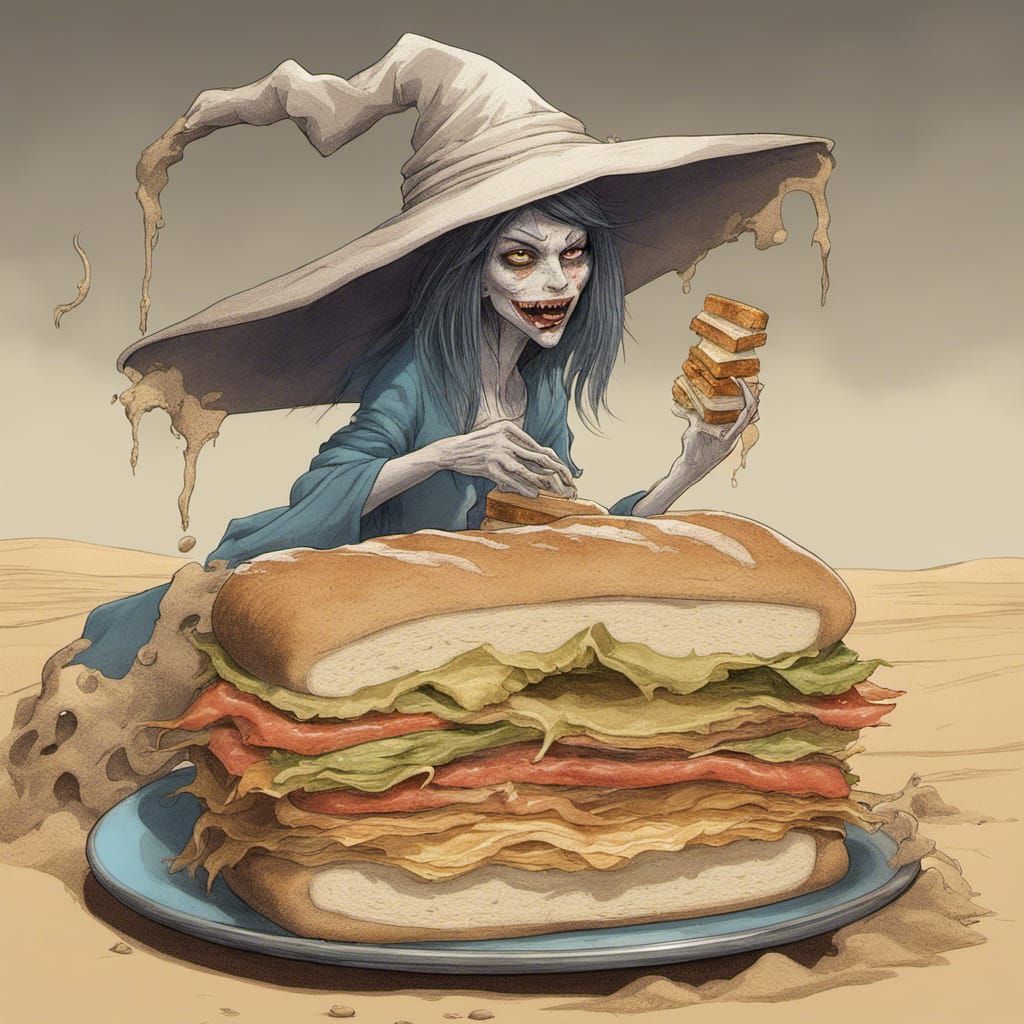 A sand-witch is eating a sandwich filled with sand