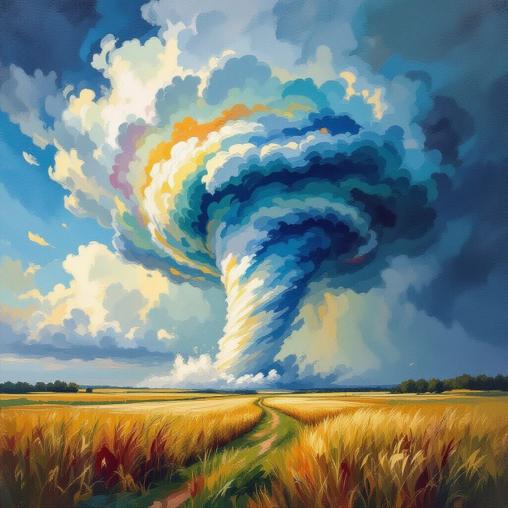 Epic Tornado Rips Through Field in Impressionist Style
