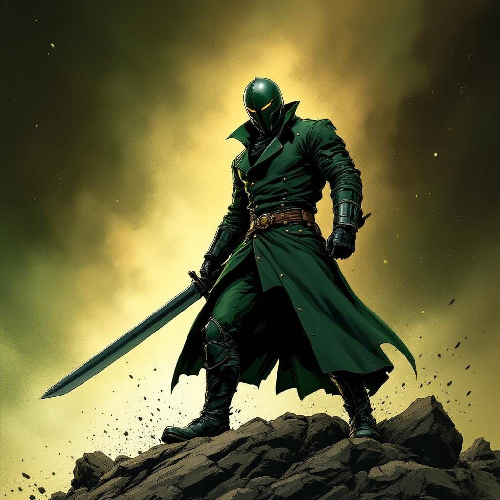 Green Knight with Sword in Comic Book Art Style