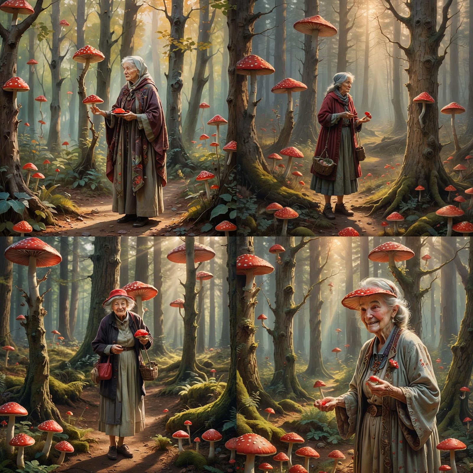 Old Woman in Forest with Toadstool: Fantasy Art