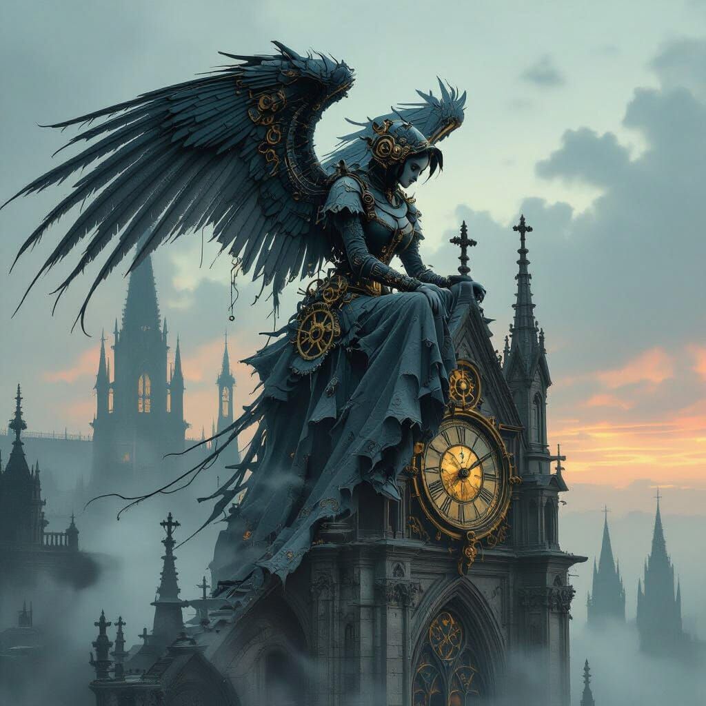 Clockwork Harpy on Gothic Cathedral in Twilight Mist