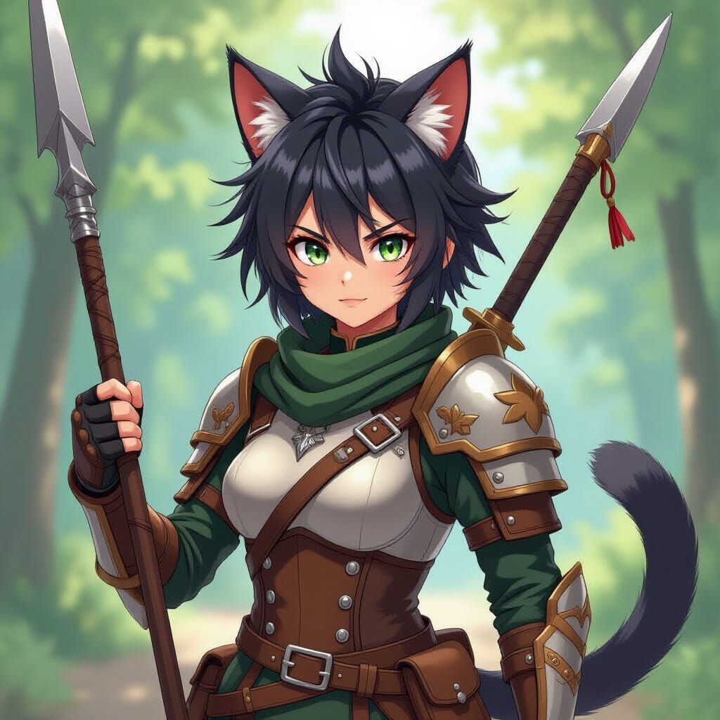 Shounen Anime Cat Warrior with Spear