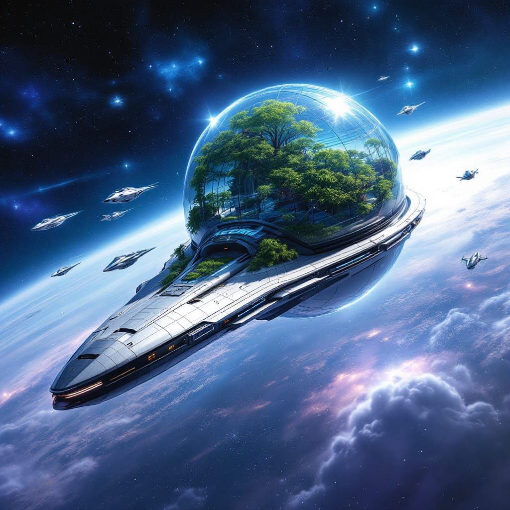Futuristic Space Station with Lush Dome in Deep Space