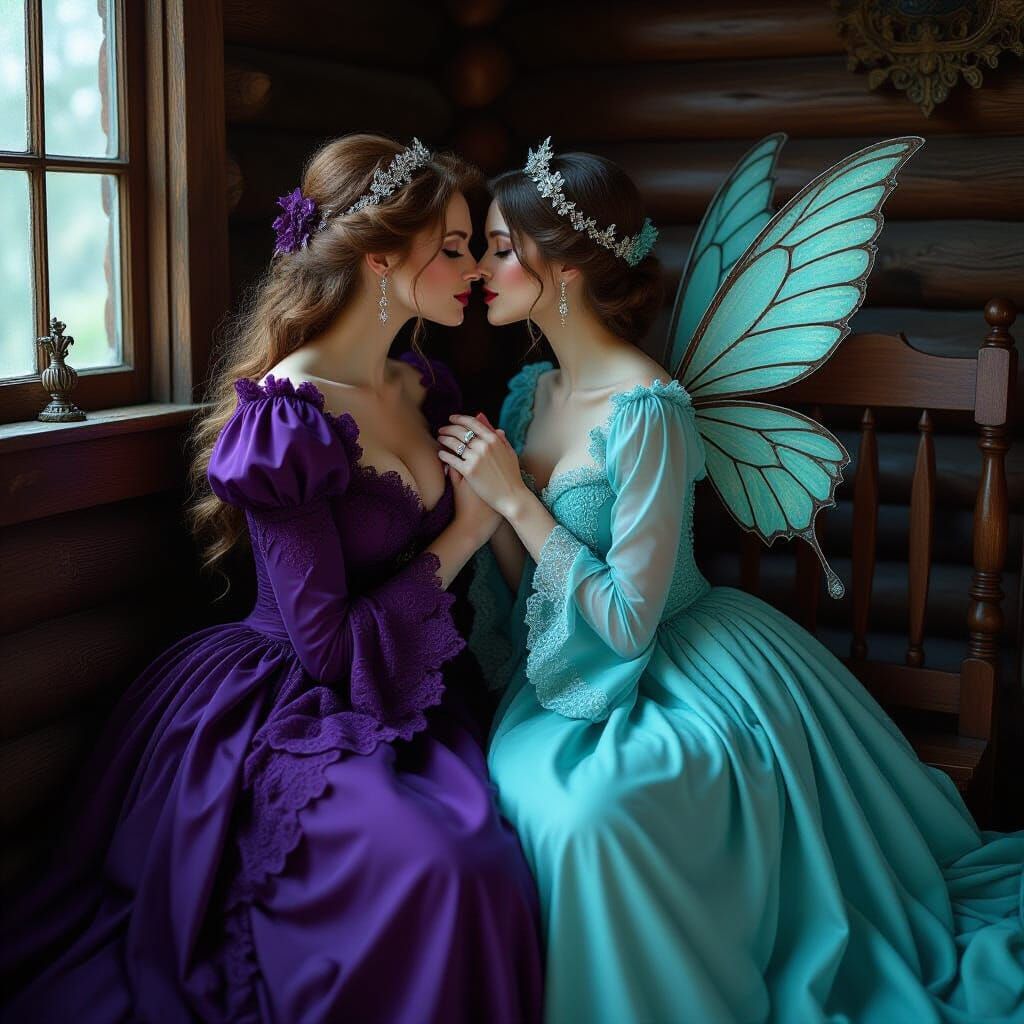 Gothic Ladies Kiss in Romantic Fairy Art Style