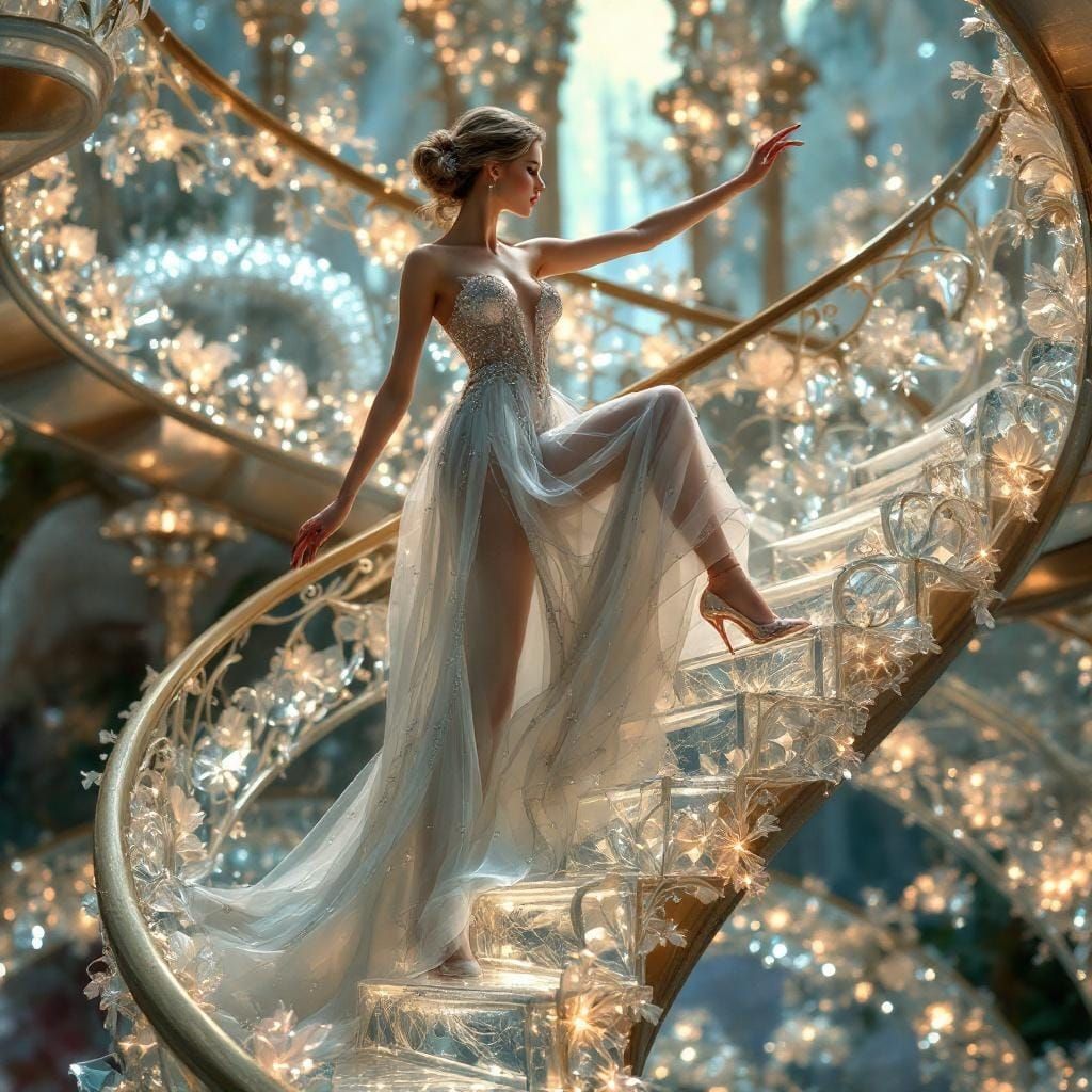 Cinderella Climbing Glass Staircase in Art Nouveau Style