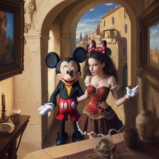 Mickey and Minnie Mouse in Tuscany Oil Painting