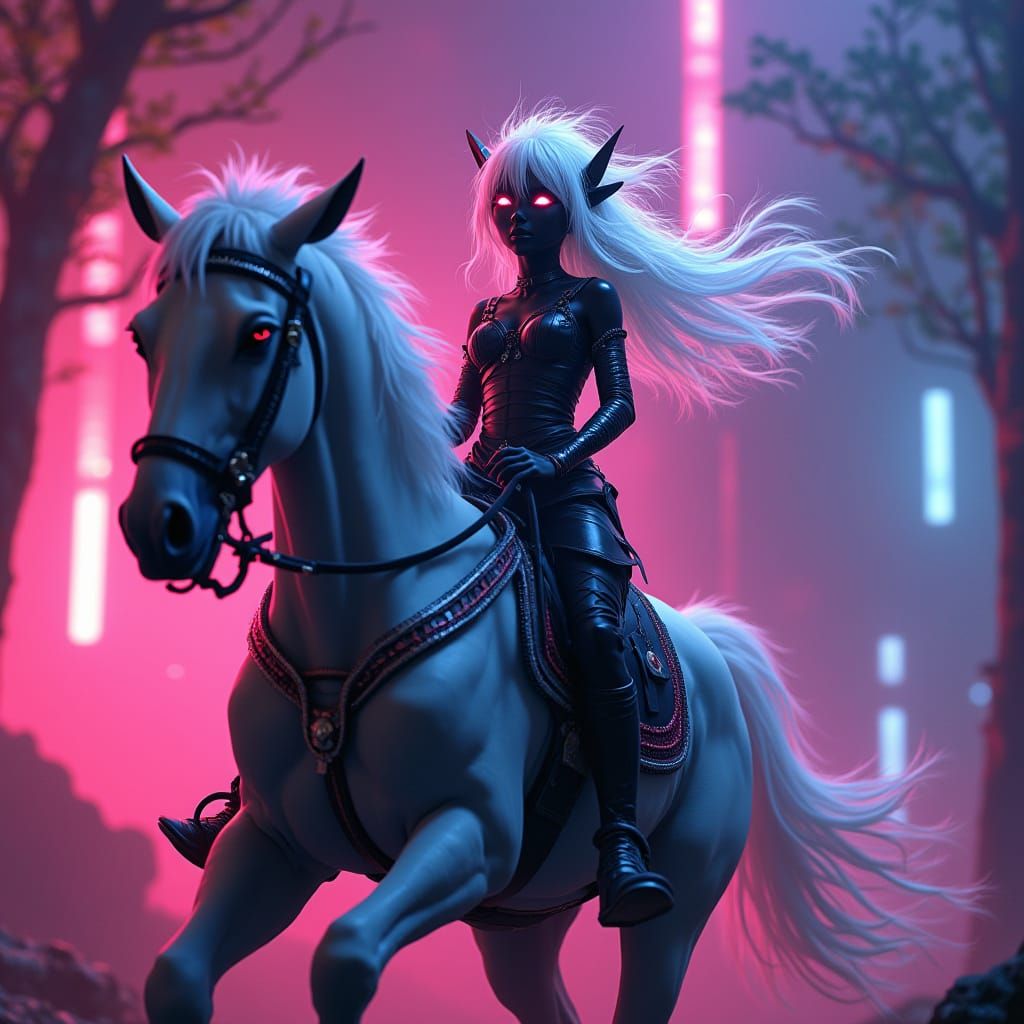 Futuristic Elf Riding Horse in Neon Environment