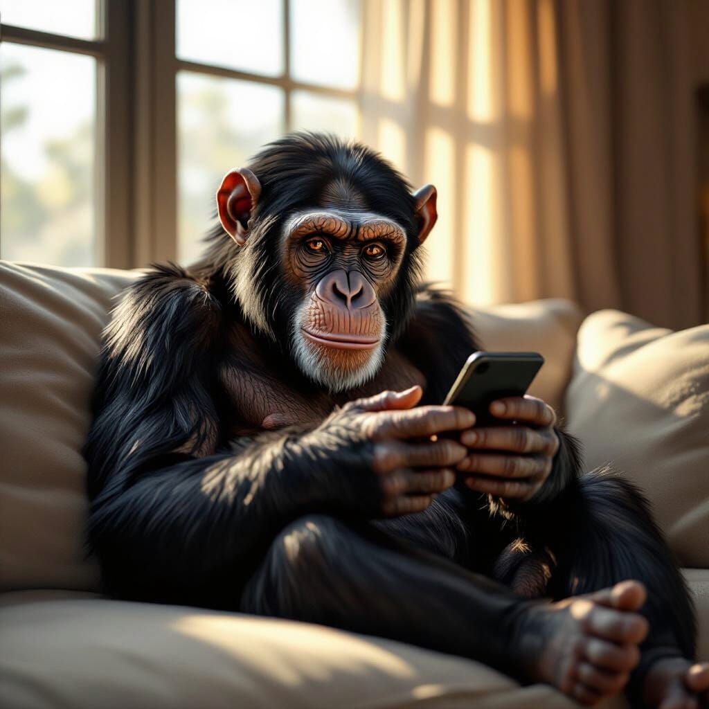 Hyperrealistic Chimp Uses Smartphone on Sofa