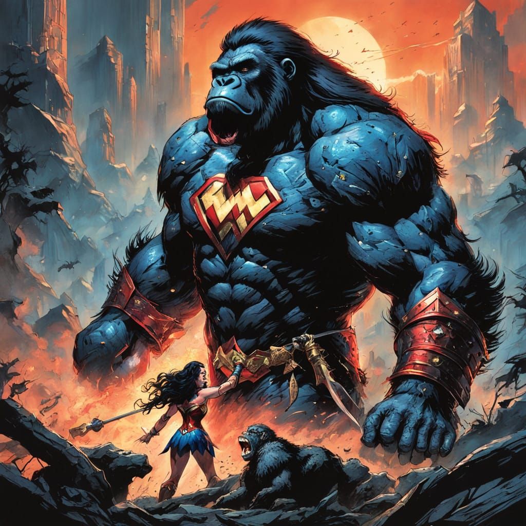 Wonder Woman Confronts a Fearsome Giant Gorilla in Dark Fant...