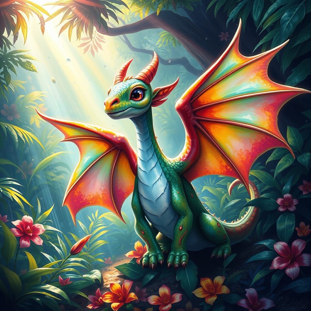 Majestic Dragon in Lush Rainforest with Kaleidoscope of Colo...
