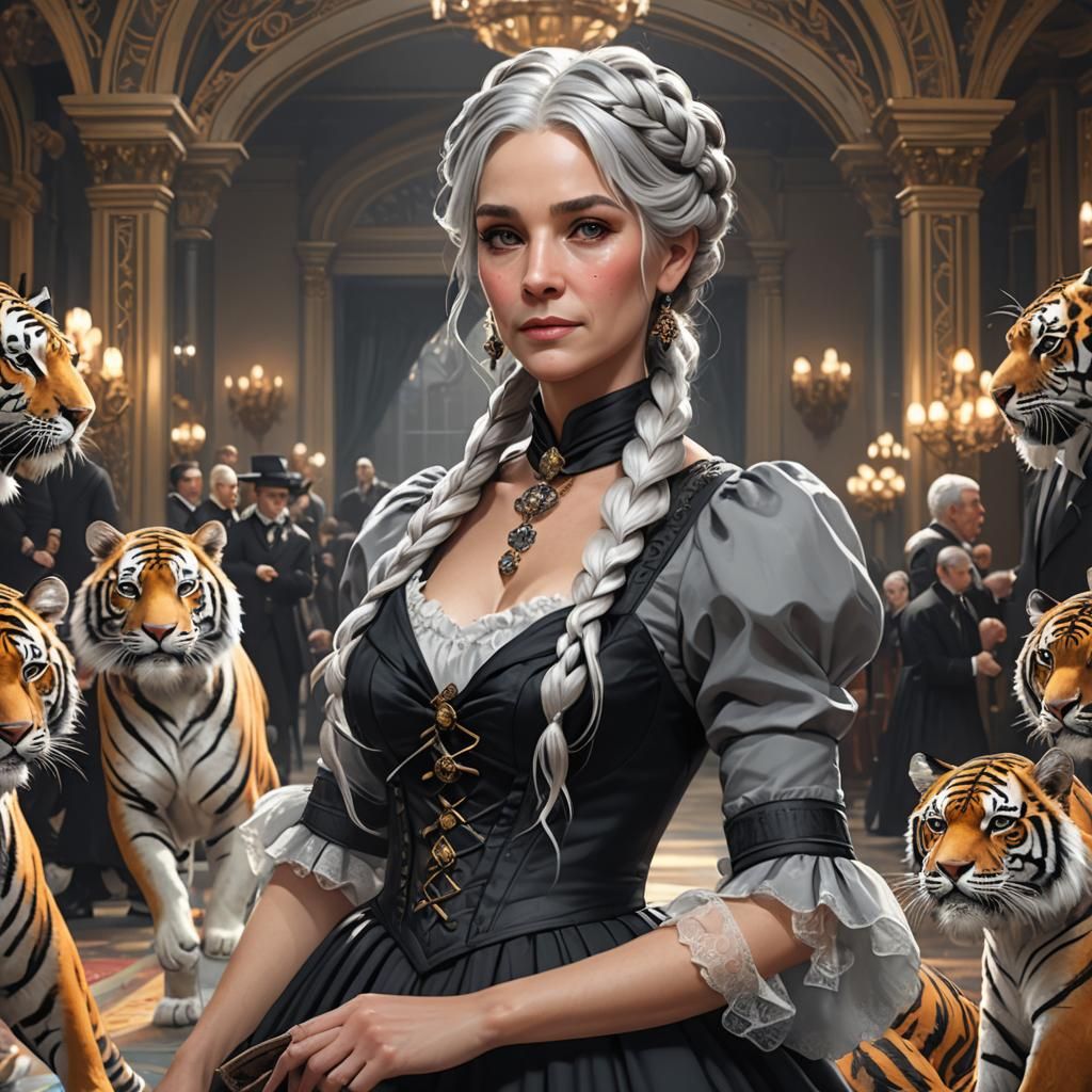 Victorian Woman in Ballroom with Plush Toys