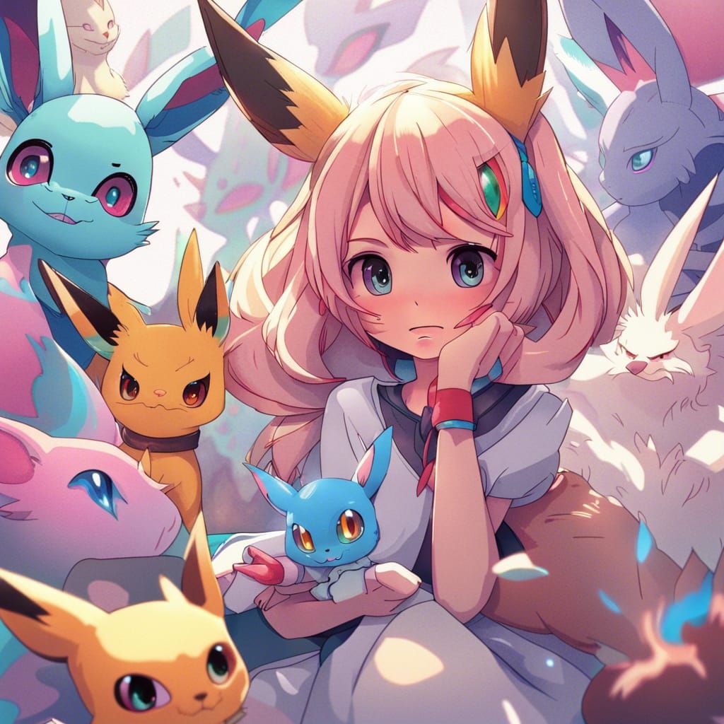 Girl and Her Eevee Pet Family: Detailed Matte Painting