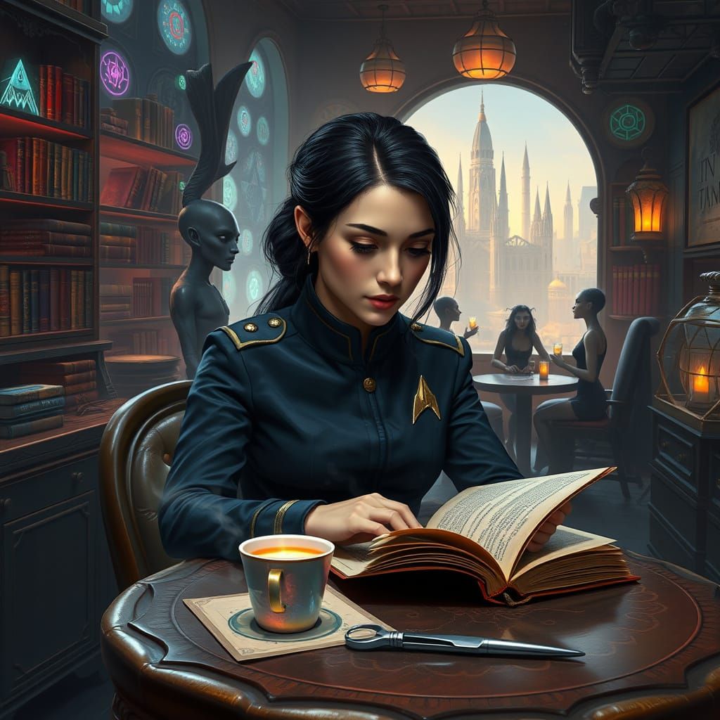 Starfleet Officer in Mystical Coffee Shop Surrounded by Alie...