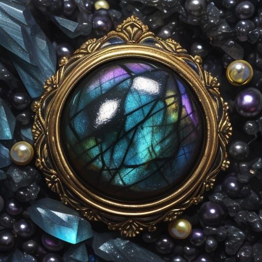 Vibrant Gouache Painting of Labradorite Glass with Pearls