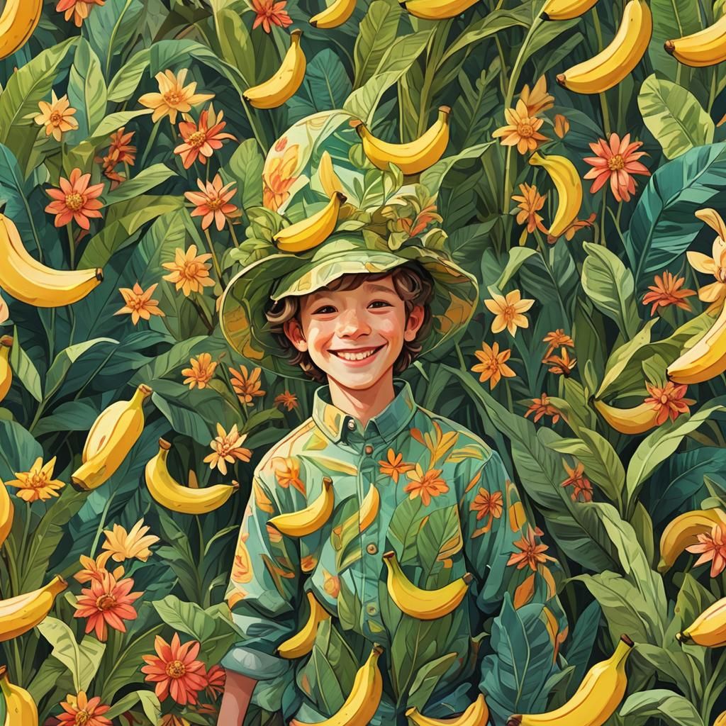 Boy in Banana Hat in Sunny Garden