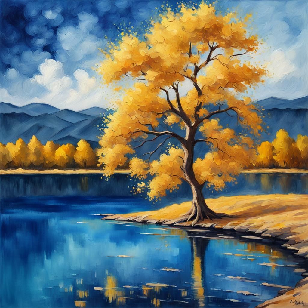 Golden Tree by Blue Lake: Gouache Impressionist Painting