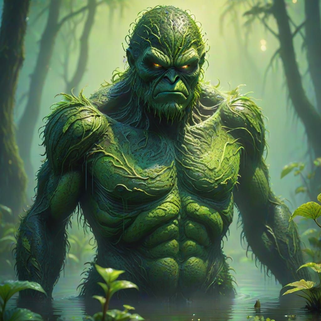Swamp Thing in Misty Swamp, Pointillism Style