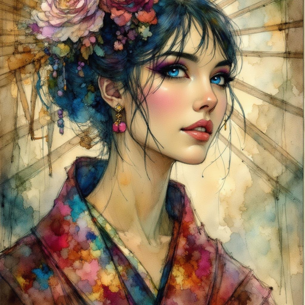 Geisha Portrait in Dark Fantasy Watercolor Style