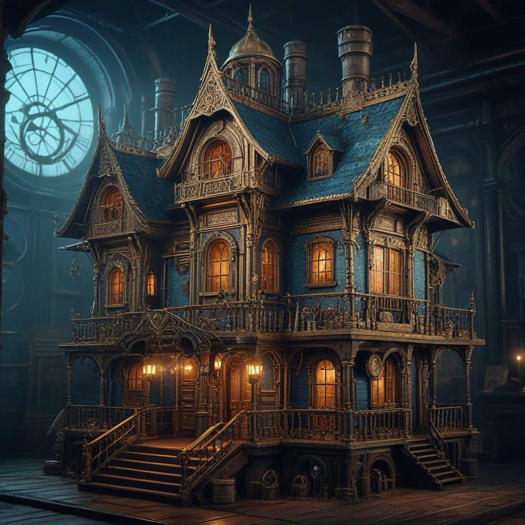 Golden Steampunk Skull House in 3D Cinematic Style
