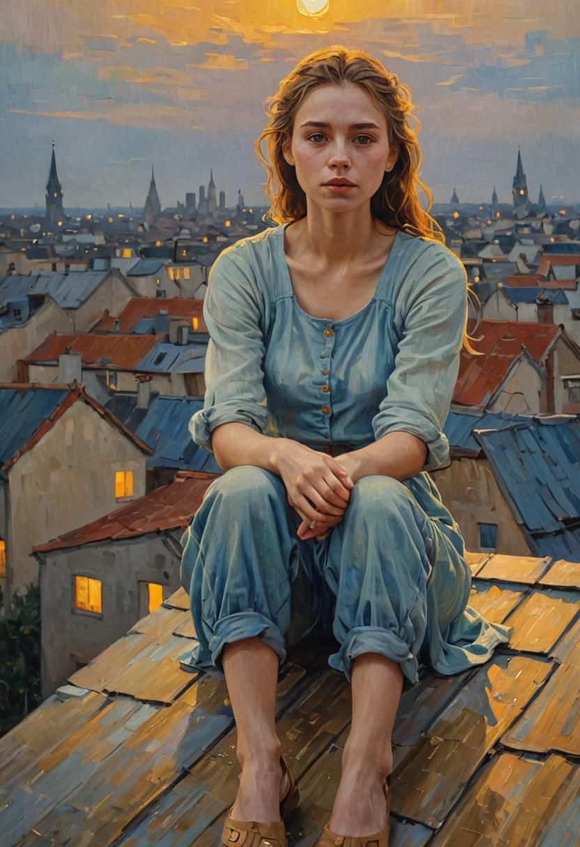 Girl on Rooftop in Expressive Oil Painting