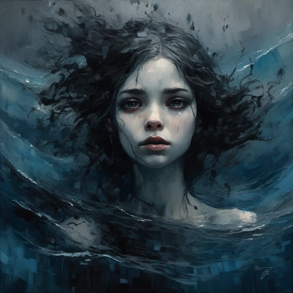 Monochrome Impasto Portrait: Woman Sinking in Ocean