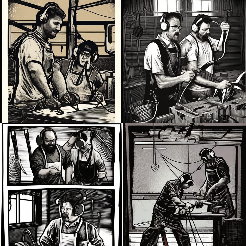 Black and White Linocut of Blacksmiths Forging Scissors