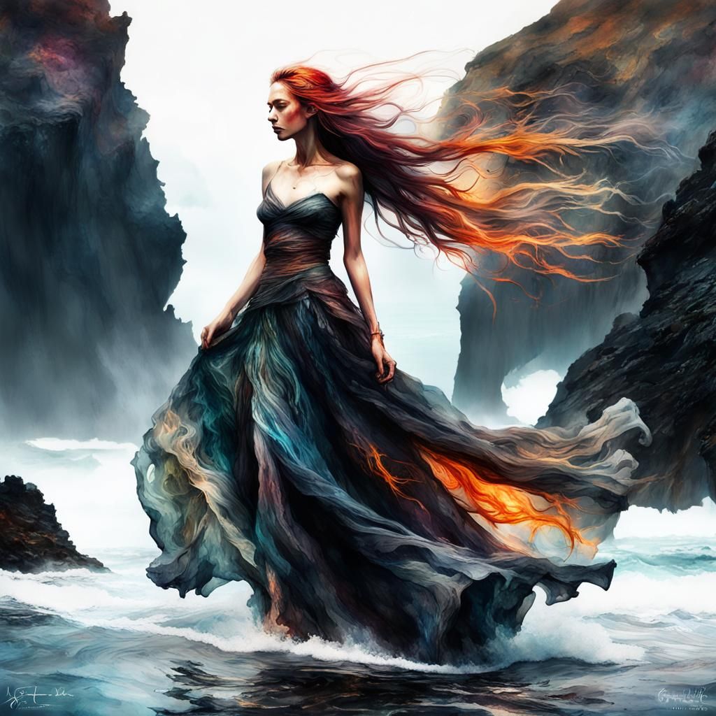 Lava Haired Woman in Digital Watercolor Art