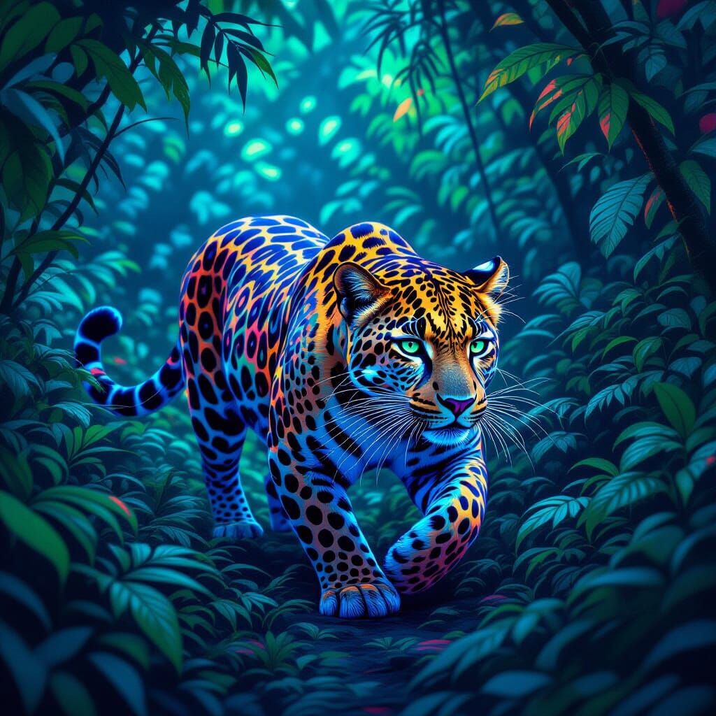 Leopard in Bioluminescent Jungle with Tribal Markings