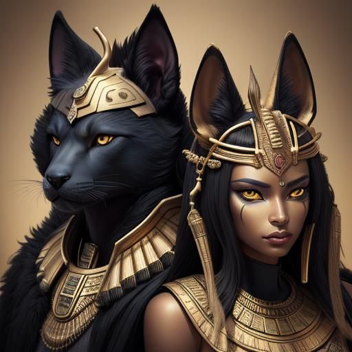 Egyptian Gods Anubis and Bastet in Golden Light