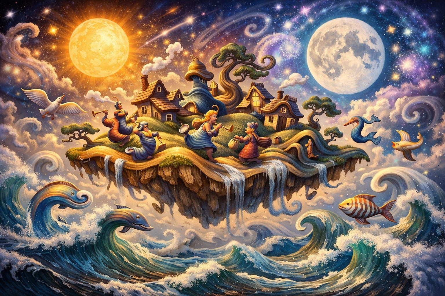 Surreal Floating Island Above Raging Sea