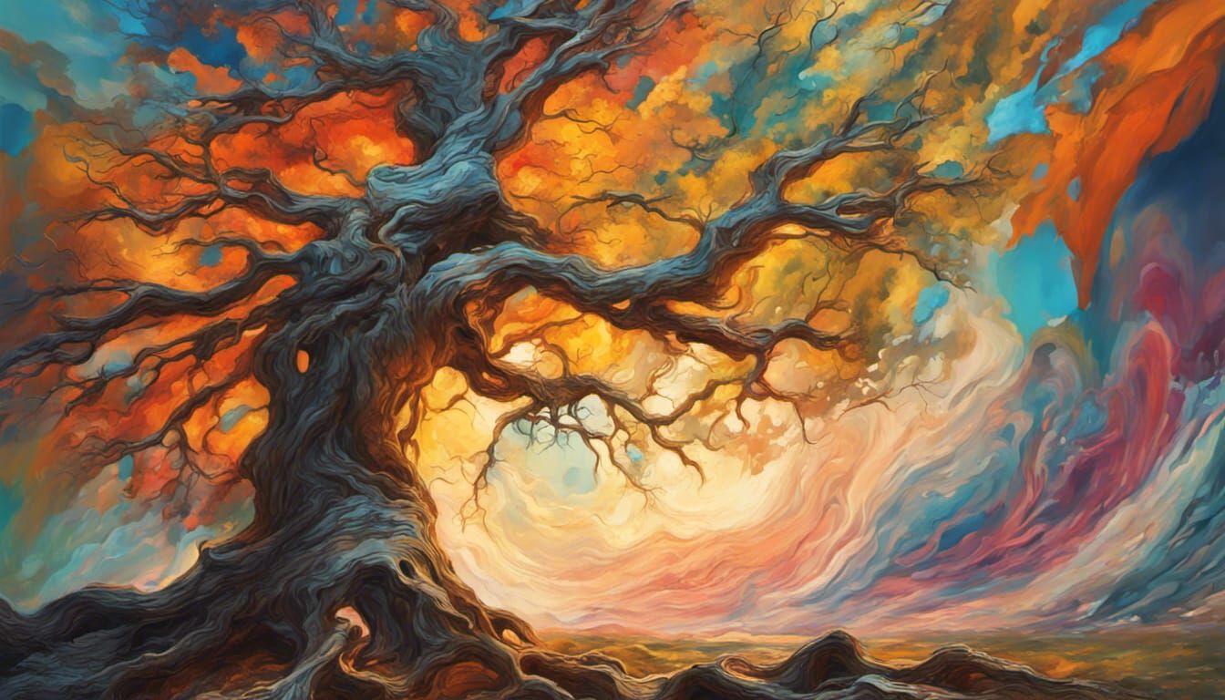 Abstract Summer Landscape with Old Tree in 8K