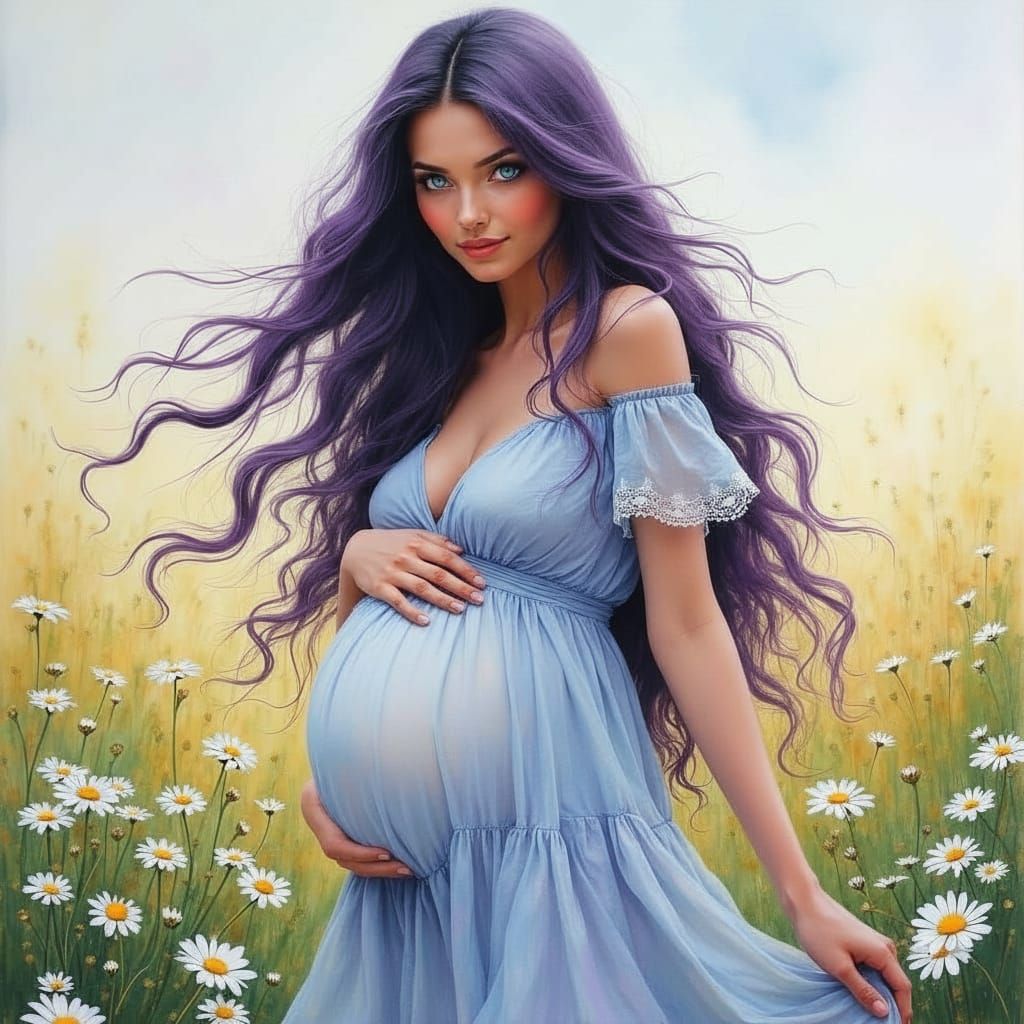 Pregnant Woman in Daisy Field as Gouache Masterpiece