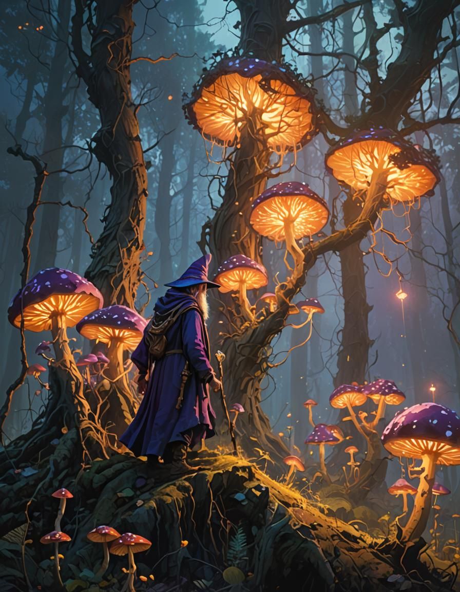 Mystical Forest Wizard Surrounded by Glowing Mushrooms