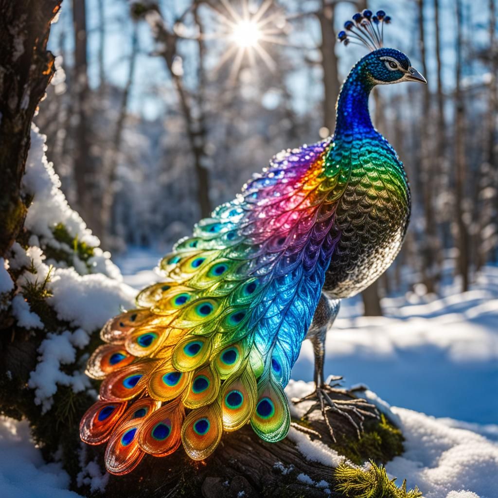 Rainbow Glass Peacock in Winter Forest
