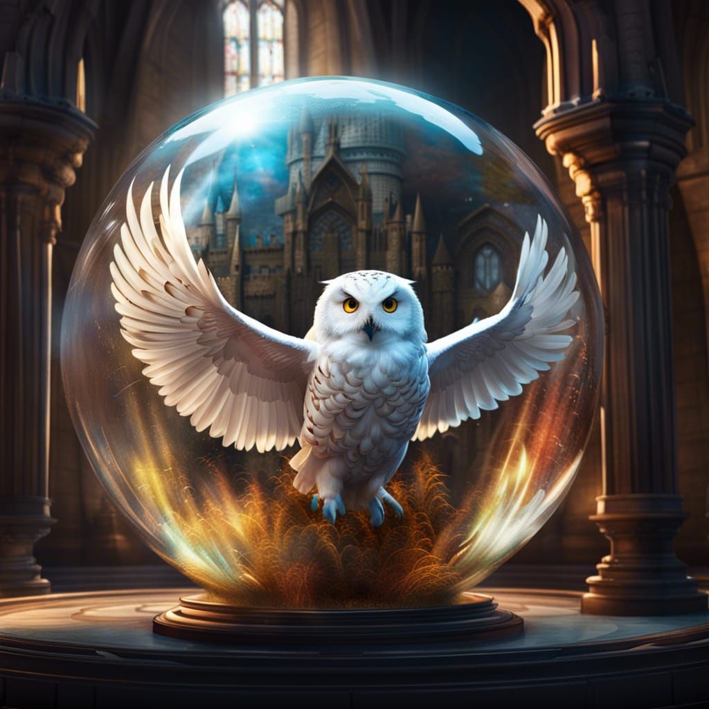 Hedwig in a sphere, Hogwarts in the background